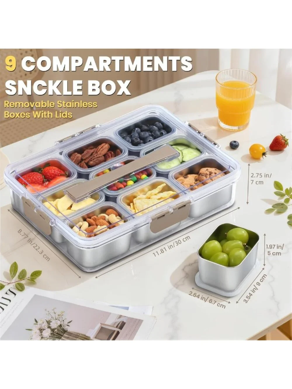 Portable Stainless Steel Snack Container with 9 Compartments & Lids - Perfect
